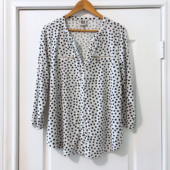 Anne Klein Black and White Polkadot 3/4 Length Blouse | L - Picture 1 of 5